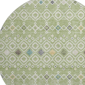 HomeRoots 8' Southwestern Round Rug in Artichoke Green, Ivory & Teal - Washable, UV-Protected & Durable Design 674691
