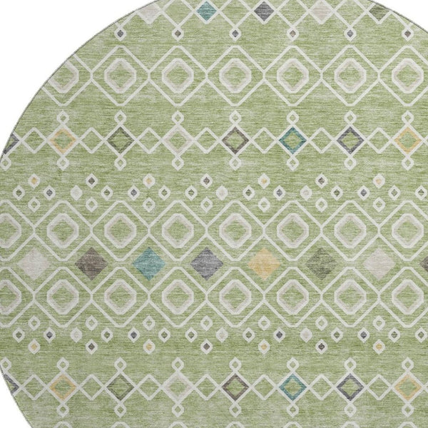 HomeRoots 8' Southwestern Round Rug in Artichoke Green, Ivory & Teal - Washable, UV-Protected & Durable Design 674691