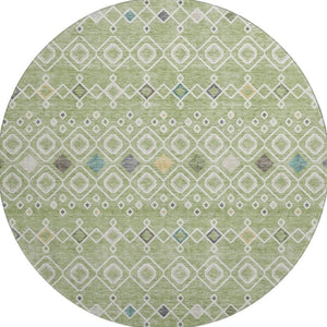 HomeRoots 8' Southwestern Round Rug in Artichoke Green, Ivory & Teal - Washable, UV-Protected & Durable Design 674691