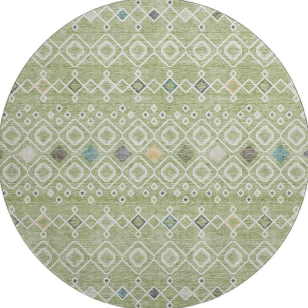 HomeRoots 8' Southwestern Round Rug in Artichoke Green, Ivory & Teal - Washable, UV-Protected & Durable Design 674691