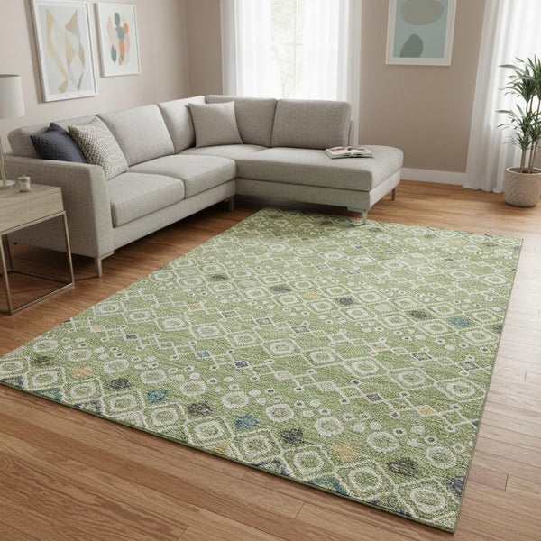 HomeRoots 8' X 10' Artichoke Green Ivory Teal Southwestern Area Rug - Durable, Washable & UV Protected Design 674692
