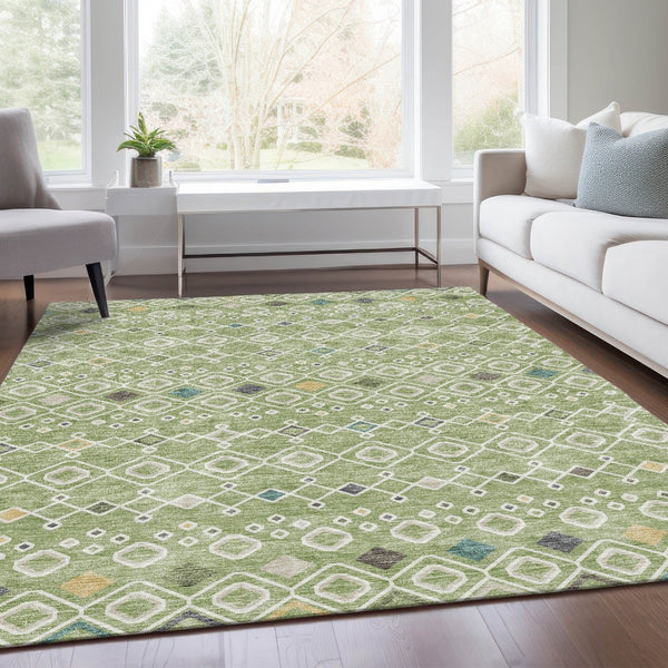 HomeRoots 8' X 10' Artichoke Green Ivory Teal Southwestern Area Rug - Durable, Washable & UV Protected Design 674692