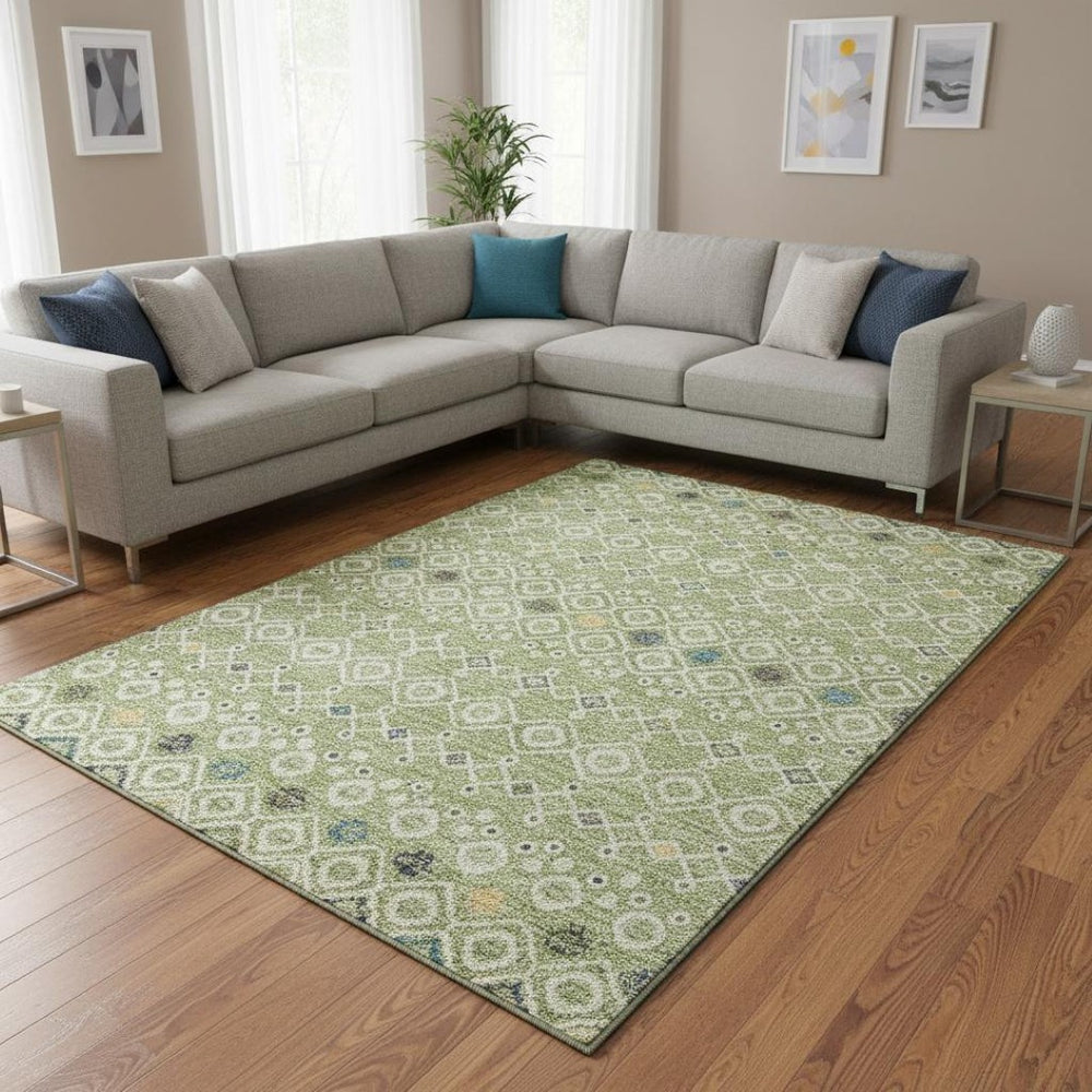 HomeRoots 9' X 12' Southwestern Area Rug in Artichoke Green, Ivory & Teal – Durable, Washable & UV Protected! 674693