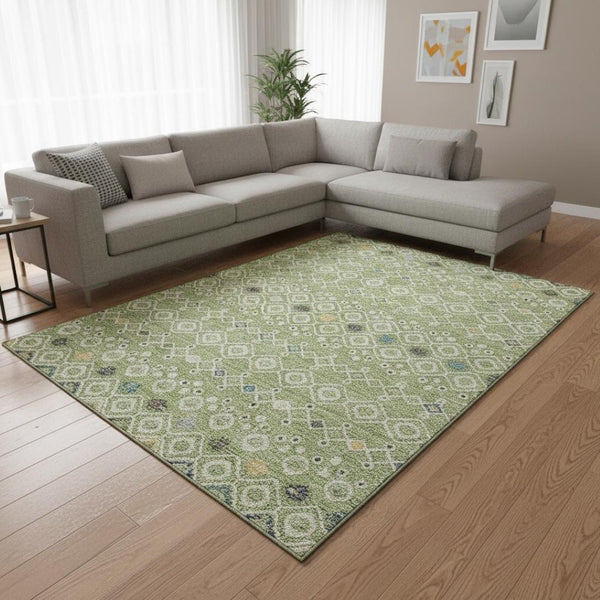 HomeRoots 10' X 14' Artichoke Green Southwestern Washable Area Rug - Stylish, Durable, UV Protected for Homes 674694