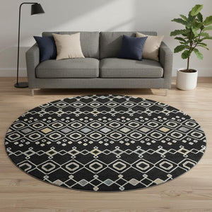 HomeRoots 8' Black Ivory & Gold Southwestern Washable Round Rug - Durable, UV-Protected, Stylish & Functional 674697
