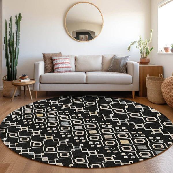 HomeRoots 8' Black Ivory & Gold Southwestern Washable Round Rug - Durable, UV-Protected, Stylish & Functional 674697