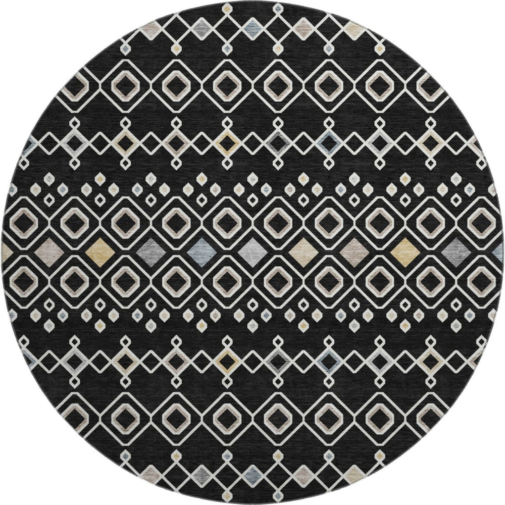 HomeRoots 8' Black Ivory & Gold Southwestern Washable Round Rug - Durable, UV-Protected, Stylish & Functional 674697