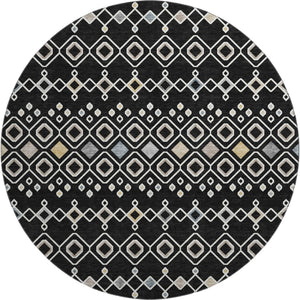 HomeRoots 8' Black Ivory & Gold Southwestern Washable Round Rug - Durable, UV-Protected, Stylish & Functional 674697