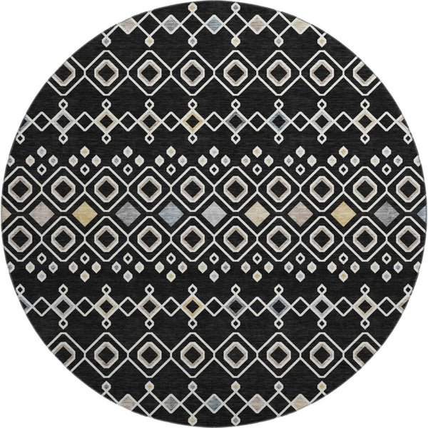 HomeRoots 8' Black Ivory & Gold Southwestern Washable Round Rug - Durable, UV-Protected, Stylish & Functional 674697