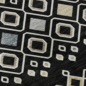 HomeRoots 8' Black Ivory & Gold Southwestern Washable Round Rug - Durable, UV-Protected, Stylish & Functional 674697