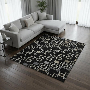 HomeRoots 9' X 12' Southwestern Black, Ivory & Gold Area Rug - Washable, UV Protected & Stain Resistant Design 674699