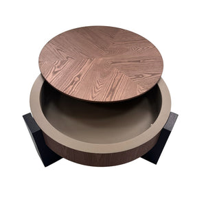 English Elm 33'' Round Coffee Table Parquet Veneer Flip Top Hidden Storage Wabi-sabi Living Room Walnut+Black W1435P419321
