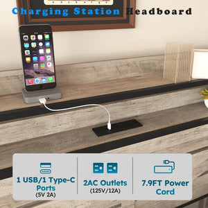 English Elm Queen-size Storage Platform Bed with Led Headboard 12 Drawers and Charging Station Gray W5026P404143