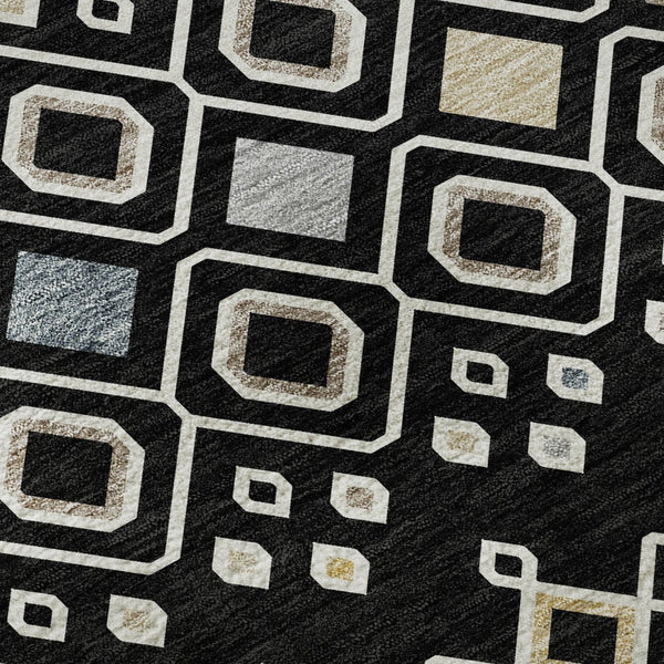 HomeRoots 10' X 14' Southwestern Washable Area Rug in Black, Ivory & Gold - Stylish, Durable & UV Protected 674700