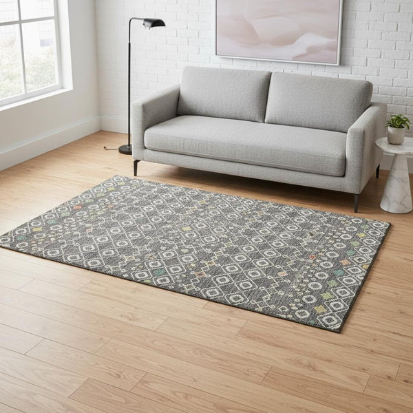 HomeRoots 5' X 8' Gray Ivory and Gold Southwestern Area Rug – Washable, UV-Protected, Durable for Homes & Kids 674702