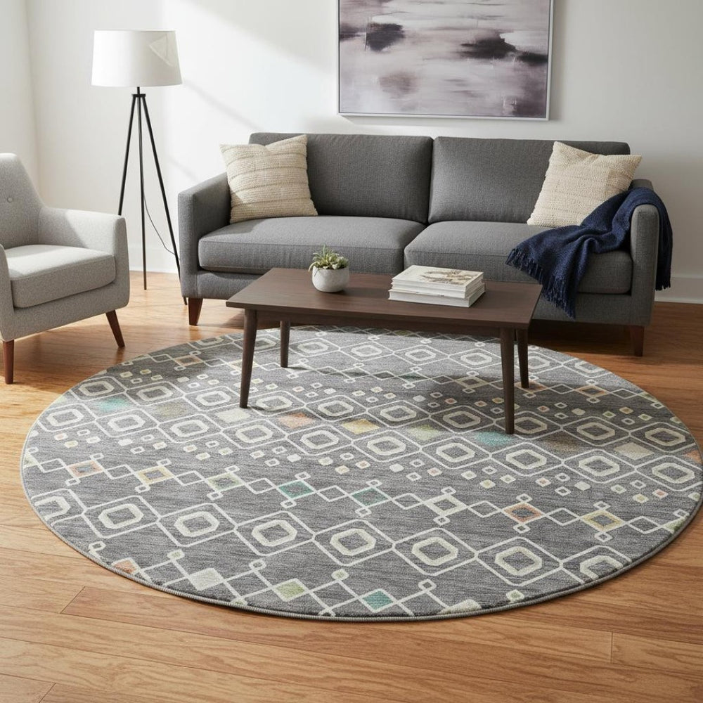HomeRoots 8' Gray Ivory Gold Southwestern Round Rug - Washable, UV-Protected, Durable for Family & Pets 674703