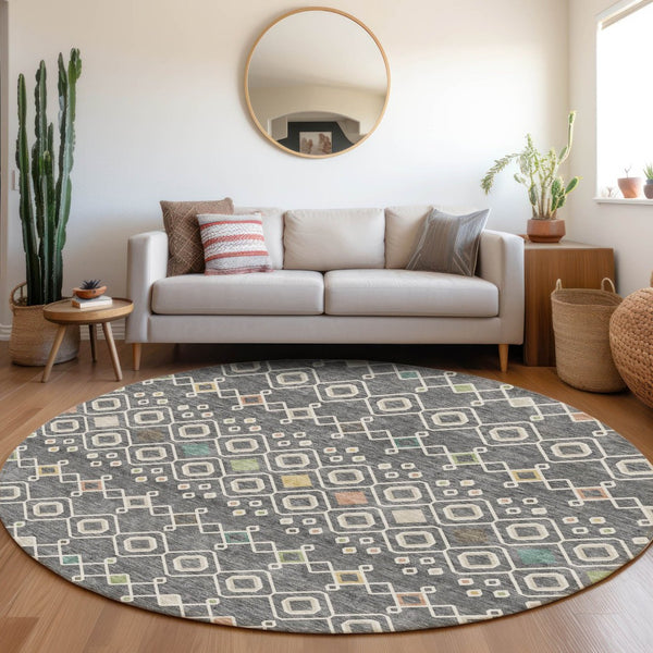HomeRoots 8' Gray Ivory Gold Southwestern Round Rug - Washable, UV-Protected, Durable for Family & Pets 674703