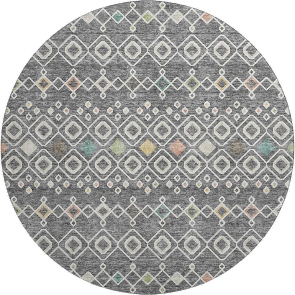 HomeRoots 8' Gray Ivory Gold Southwestern Round Rug - Washable, UV-Protected, Durable for Family & Pets 674703