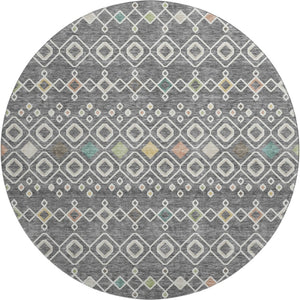 HomeRoots 8' Gray Ivory Gold Southwestern Round Rug - Washable, UV-Protected, Durable for Family & Pets 674703