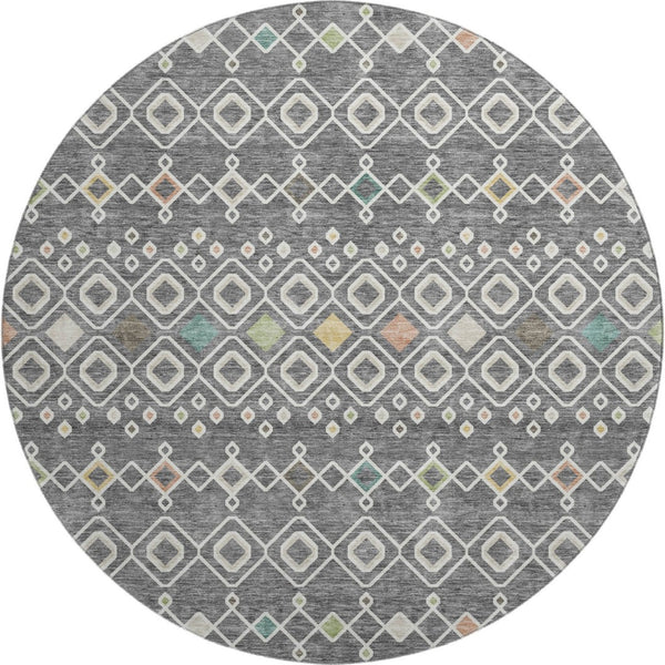 HomeRoots 8' Gray Ivory Gold Southwestern Round Rug - Washable, UV-Protected, Durable for Family & Pets 674703