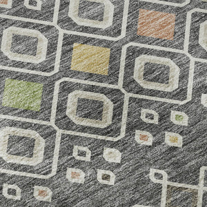 HomeRoots 8' Gray Ivory Gold Southwestern Round Rug - Washable, UV-Protected, Durable for Family & Pets 674703