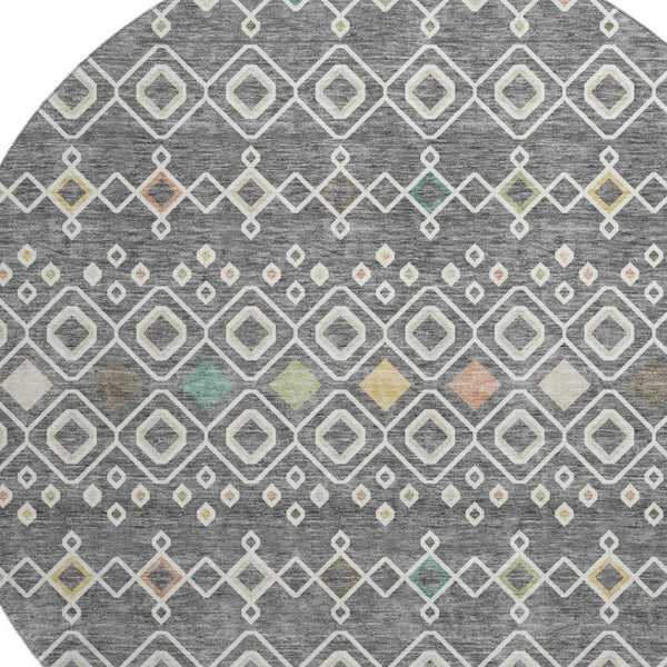 HomeRoots 8' Gray Ivory Gold Southwestern Round Rug - Washable, UV-Protected, Durable for Family & Pets 674703