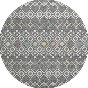 HomeRoots 8' Gray Ivory Gold Southwestern Round Rug - Washable, UV-Protected, Durable for Family & Pets 674703
