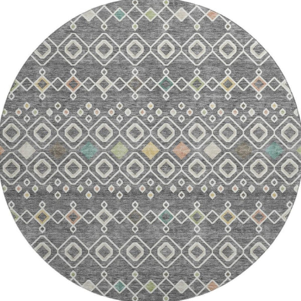 HomeRoots 8' Gray Ivory Gold Southwestern Round Rug - Washable, UV-Protected, Durable for Family & Pets 674703