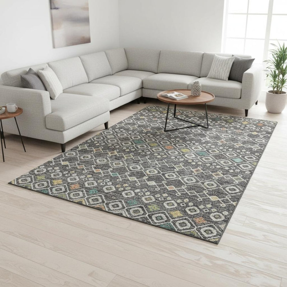 HomeRoots 8' X 10' Southwestern Gray Ivory Gold Area Rug – Washable, UV-Protected, Stain-Resistant Design 674704