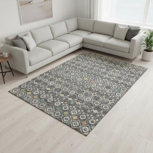 HomeRoots 9' X 12' Gray Ivory Gold Southwestern Style Washable Area Rug with Stain Resistance & UV Protection 674705