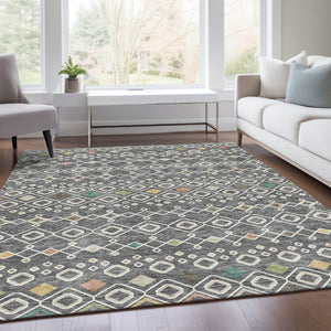 HomeRoots 9' X 12' Gray Ivory Gold Southwestern Style Washable Area Rug with Stain Resistance & UV Protection 674705