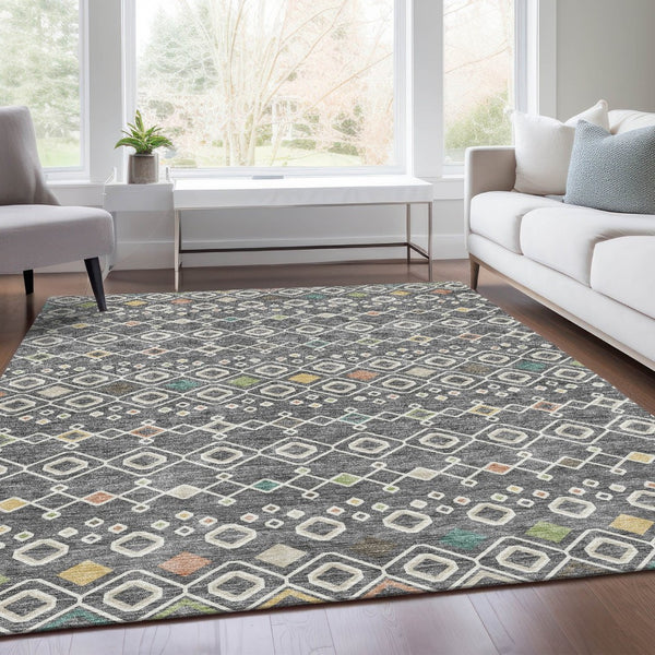 HomeRoots 9' X 12' Gray Ivory Gold Southwestern Style Washable Area Rug with Stain Resistance & UV Protection 674705