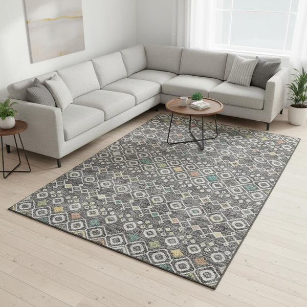 HomeRoots 10' X 14' Gray Ivory Gold Southwestern Washable Area Rug - UV Protected, Durable, Pet-Friendly Design 674706