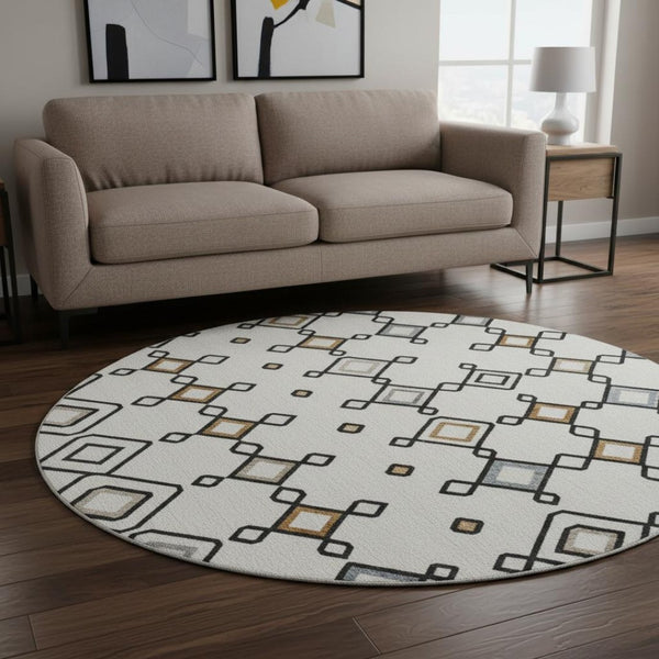 HomeRoots 8' Southwestern Washable Round Rug in Ivory, Red & Green - UV Resistant, Stain-Proof, Durable Design 674709