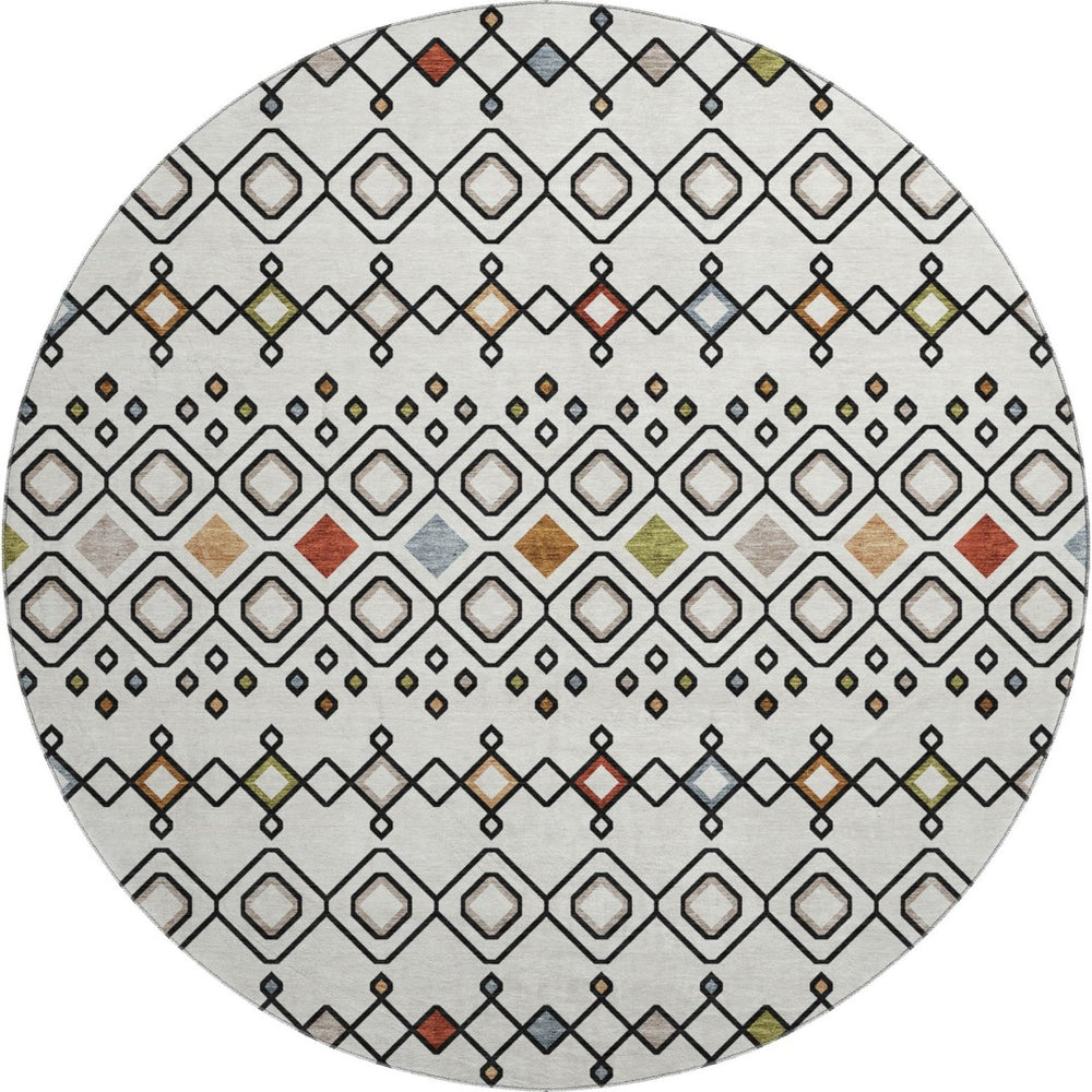 HomeRoots 8' Southwestern Washable Round Rug in Ivory, Red & Green - UV Resistant, Stain-Proof, Durable Design 674709