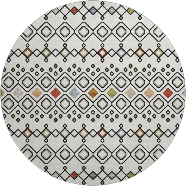 HomeRoots 8' Southwestern Washable Round Rug in Ivory, Red & Green - UV Resistant, Stain-Proof, Durable Design 674709