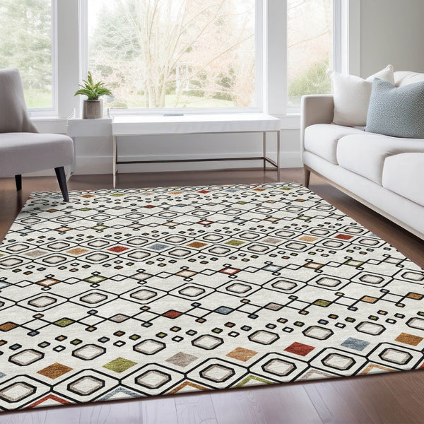 HomeRoots 10' Southwestern Area Rug in Ivory, Red & Green - Washable, UV-Protected, Durable for High Traffic Homes 674712