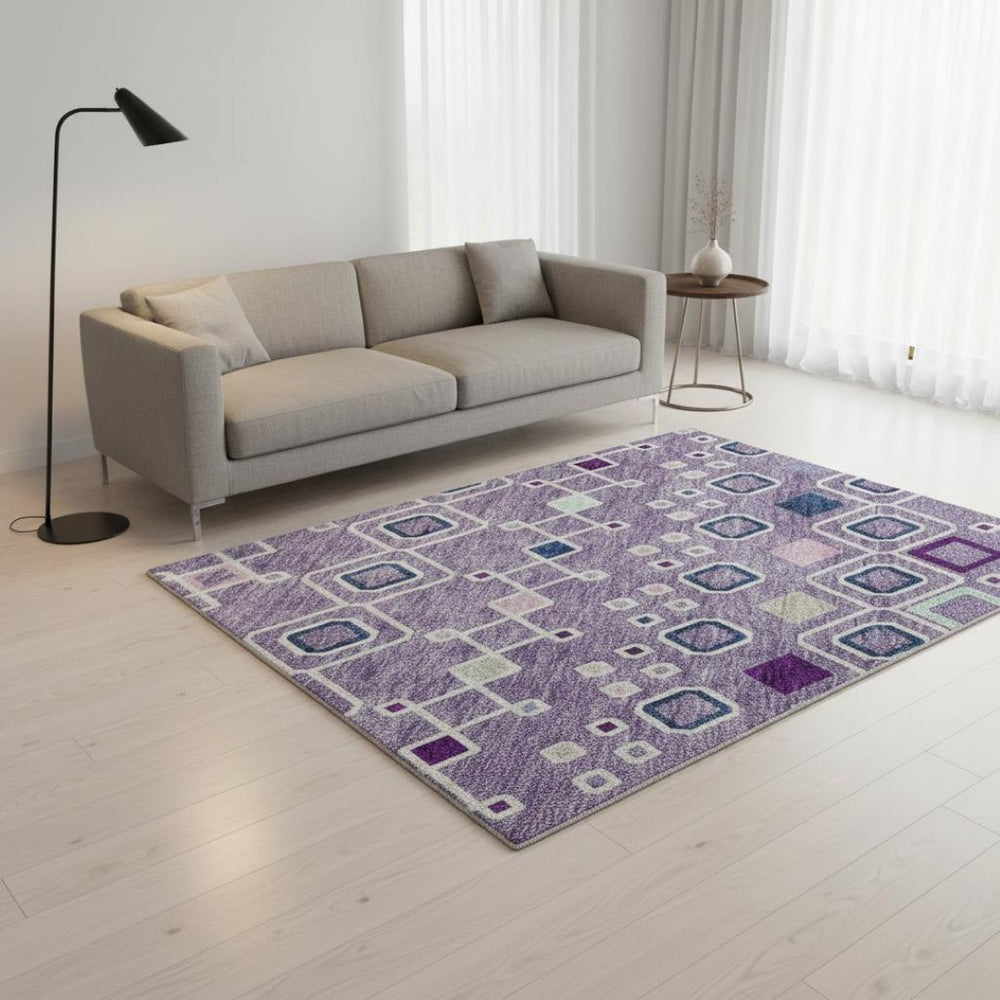 HomeRoots 5' X 8' Southwestern Washable Area Rug in Lavender, Ivory & Blue - Durable, UV-Protected Design 674714