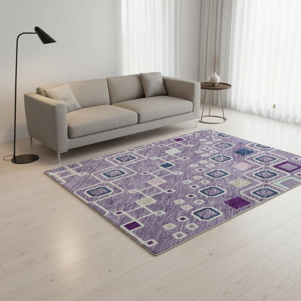 HomeRoots 5' X 8' Southwestern Washable Area Rug in Lavender, Ivory & Blue - Durable, UV-Protected Design 674714
