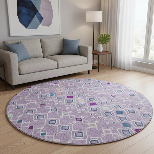 HomeRoots 8' Southwestern Washable Round Rug in Lavender, Ivory & Blue – Durable, UV-Protected, Easy Care Design 674715