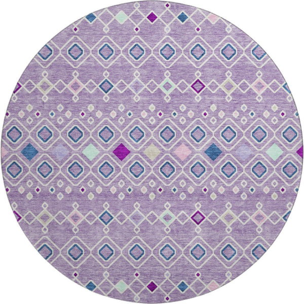 HomeRoots 8' Southwestern Washable Round Rug in Lavender, Ivory & Blue – Durable, UV-Protected, Easy Care Design 674715