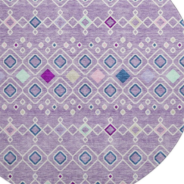 HomeRoots 8' Southwestern Washable Round Rug in Lavender, Ivory & Blue – Durable, UV-Protected, Easy Care Design 674715