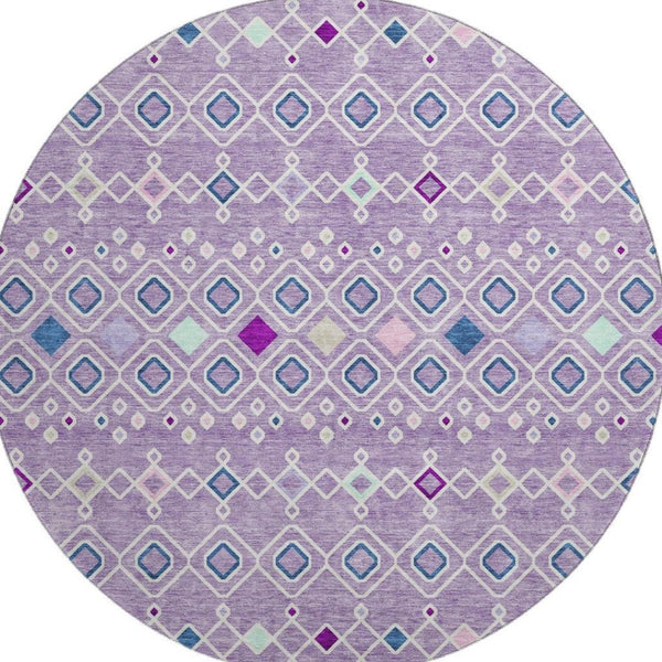 HomeRoots 8' Southwestern Washable Round Rug in Lavender, Ivory & Blue – Durable, UV-Protected, Easy Care Design 674715