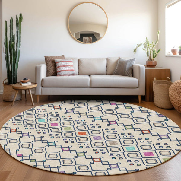 HomeRoots 8' Vibrant Southwestern Washable Round Rug in Pink and Orange with UV Protection for Homes & Kids 674721