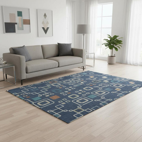 HomeRoots 5' X 8' Stylish Navy Blue, Peach & Gold Southwestern Area Rug – Washable, UV Protected & Durable! 674726