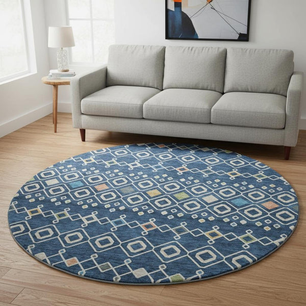 HomeRoots 8' Stylish Navy Blue Southwestern Round Rug with Peach & Gold Accents, Washable & UV Protected 674727