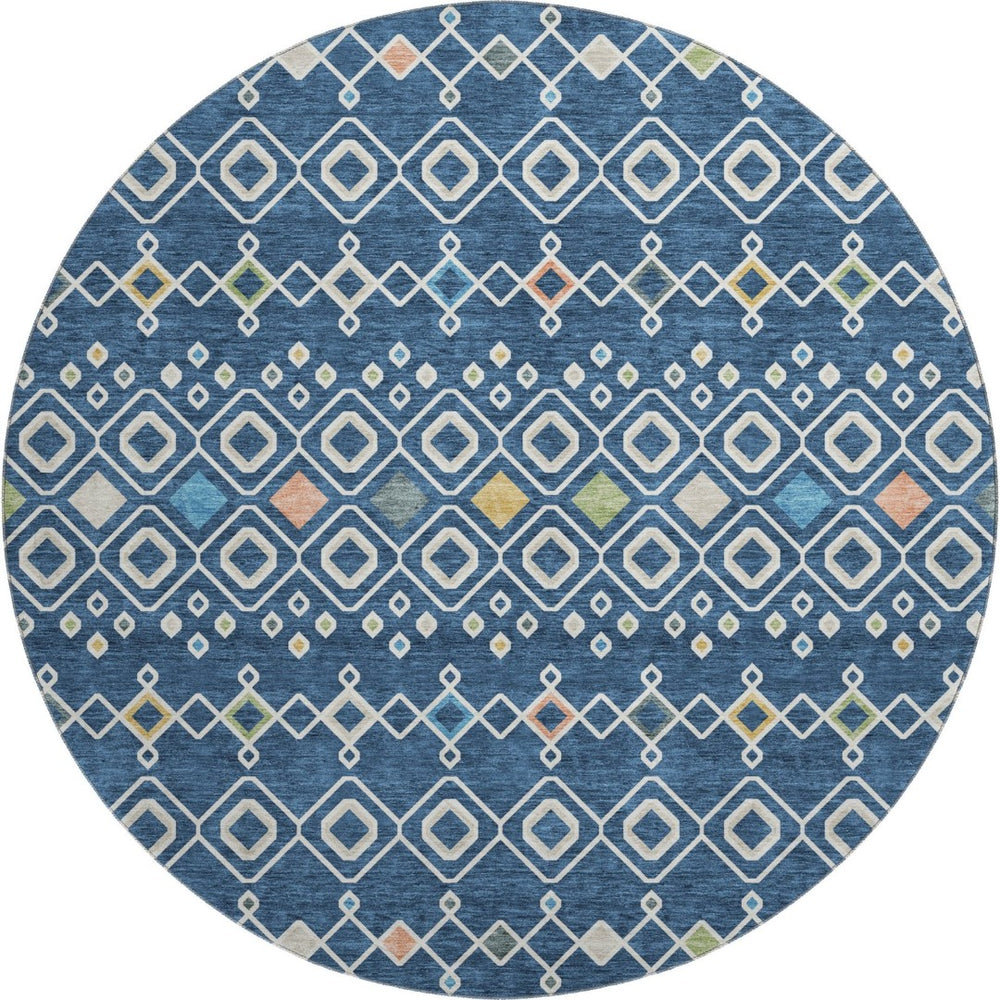 HomeRoots 8' Stylish Navy Blue Southwestern Round Rug with Peach & Gold Accents, Washable & UV Protected 674727