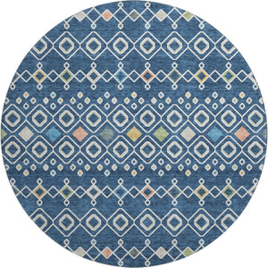 HomeRoots 8' Stylish Navy Blue Southwestern Round Rug with Peach & Gold Accents, Washable & UV Protected 674727
