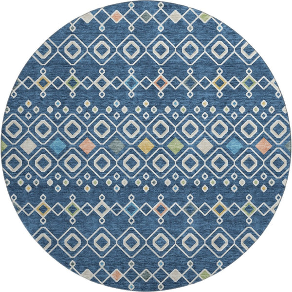 HomeRoots 8' Stylish Navy Blue Southwestern Round Rug with Peach & Gold Accents, Washable & UV Protected 674727