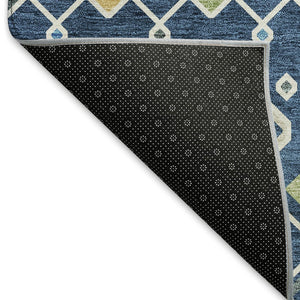 HomeRoots 8' Stylish Navy Blue Southwestern Round Rug with Peach & Gold Accents, Washable & UV Protected 674727